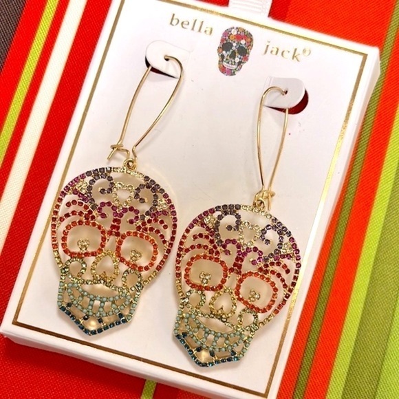 Brand New Bella Jack Colorful Rainbow Halloween Skeleton Skull Drop Earrings - Picture 2 of 13